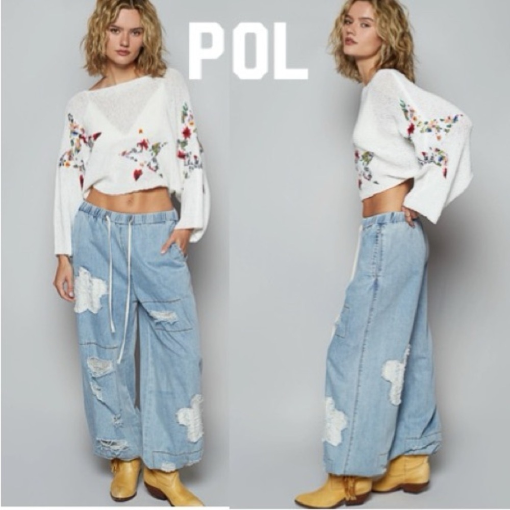 POL Solid Textured Denim Floral Jogger Pants in Size Medium NWOT $88 - Picture 2 of 8